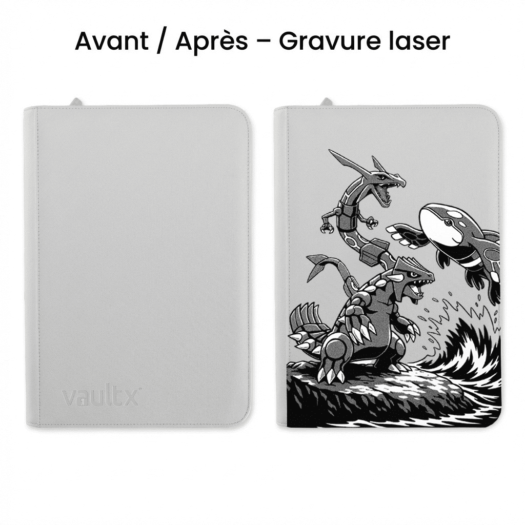 Avant après gravure classeur Vaultx Pokémon lorcana one piece MTG