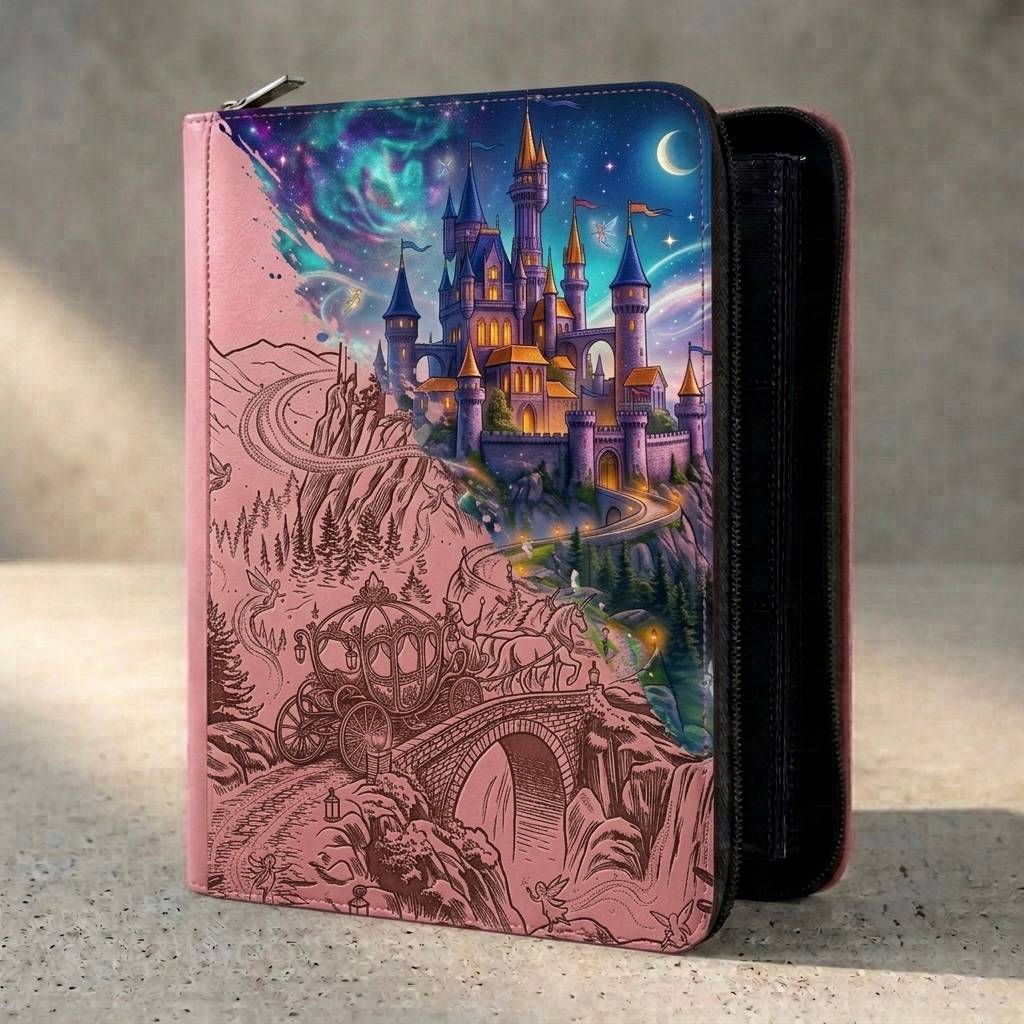 Classeur  compatible Lorcana rose en simili cuir, gravure laser et couleur motif Disney 100, fait main personnalisé Dealdex
